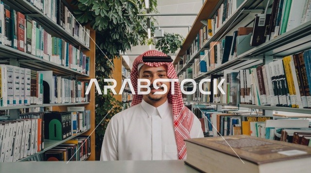 رجل سعودي في المكتبة بالزي التقليدي