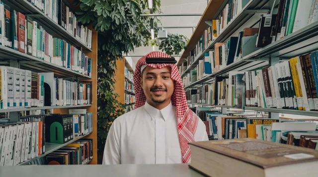 Saudi Man in Library with Traditional Attire