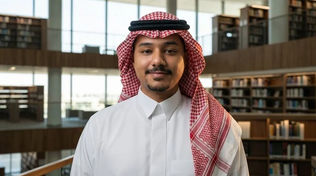 رجل سعودي بالزي التقليدي في مكتبة حديثة