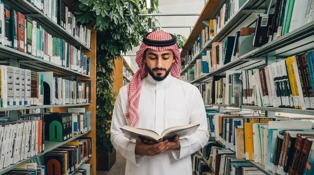 Saudi Man in Traditional Thobe Reading Book in Library