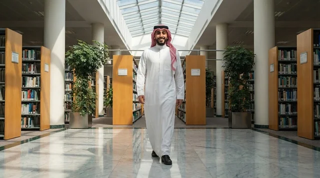 رجل سعودي بالثوب التقليدي يمشي في مكتبة حديثة