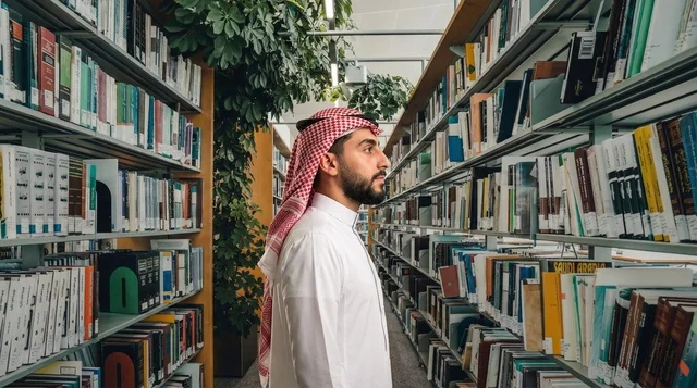 Saudi Man in Traditional Dress Browsing Library Books