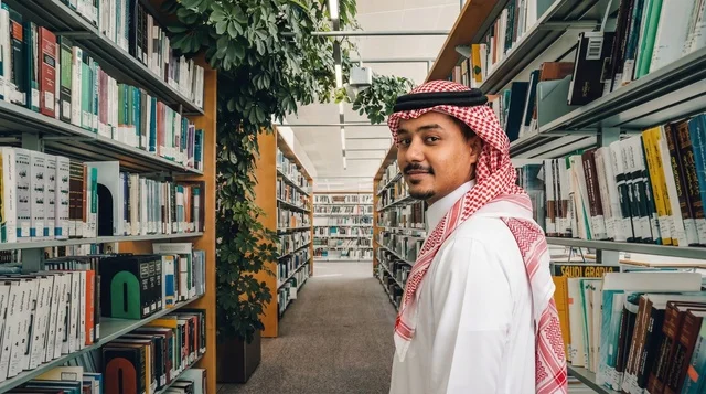 Saudi Man in Traditional Dress at University Library