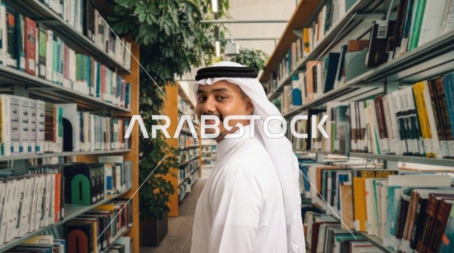 رجل سعودي في المكتبة بالزي التقليدي