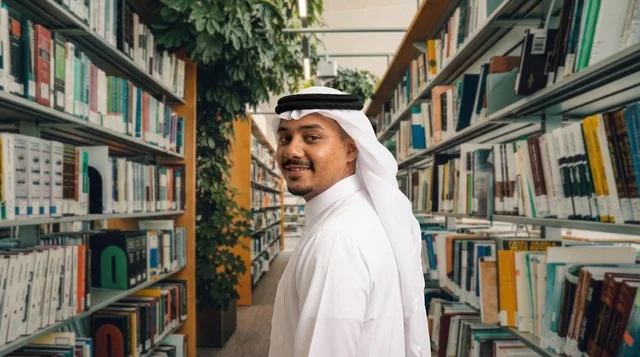 A Saudi man in the library in traditional attire.