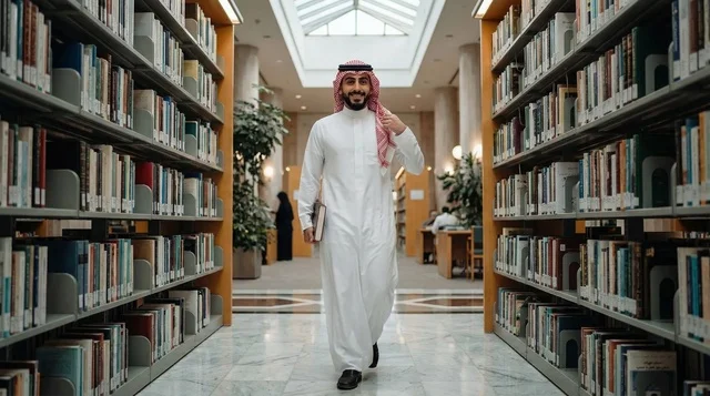 Saudi Man in Traditional Dress Walking in Library