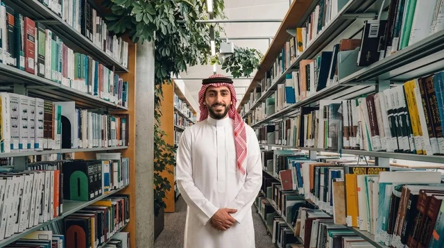 رجل سعودي بالزي التقليدي يقف في مكتبة رجل سعودي بالزي التقليدي يقف في مكتبة
