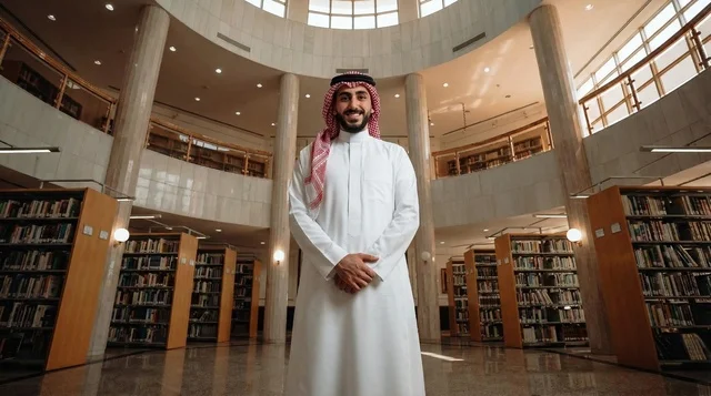 رجل سعودي بالزي التقليدي داخل مكتبة ضخمة