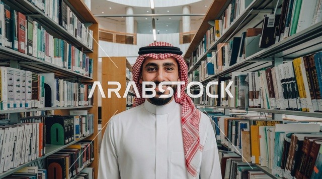 رجل سعودي في المكتبة بالزي التقليدي