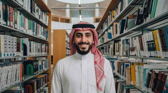 A Saudi man in the library in traditional attire.