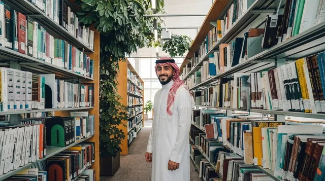 Saudi Man in Traditional Thobe at Library