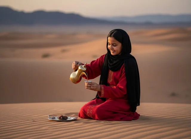Emirati Girl Pouring Arabic Coffee in Desert at Sunset