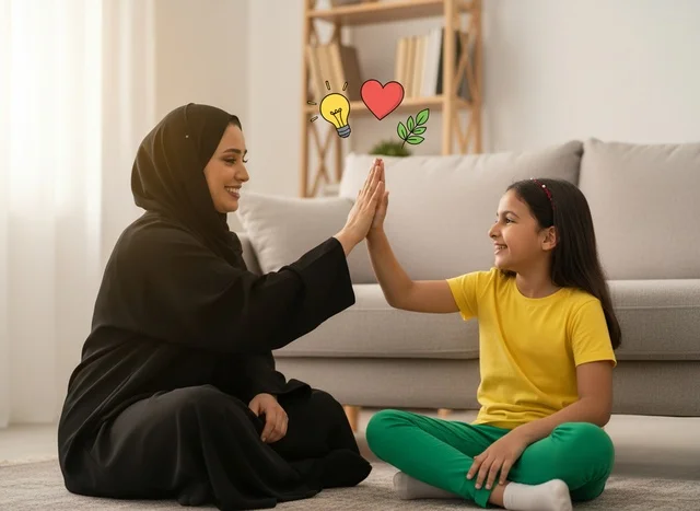 A Saudi mother and her daughter are exchanging greetings in the living room.