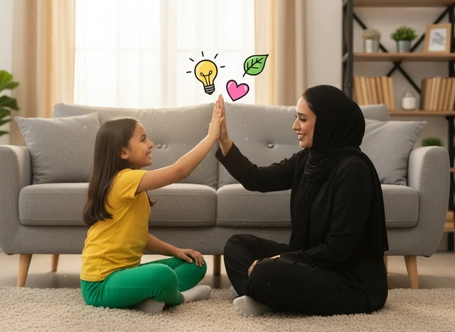 أم سعودية وابنتها تتبادلان التحية في غرفة المعيشة