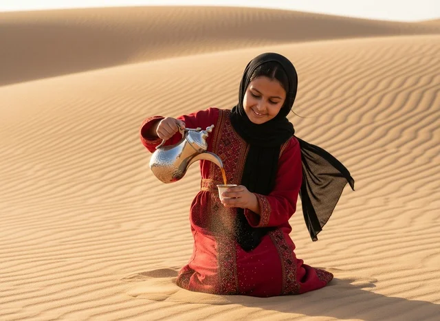 فتاة إماراتية تصب القهوة العربية في الصحراء