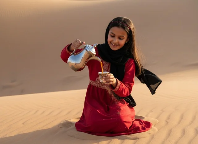طفلة إماراتية تصب القهوة العربية في الكثبان الرملية