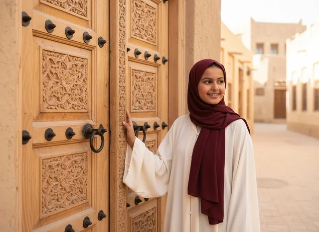Emirati Woman at Heritage Site with Traditional Door