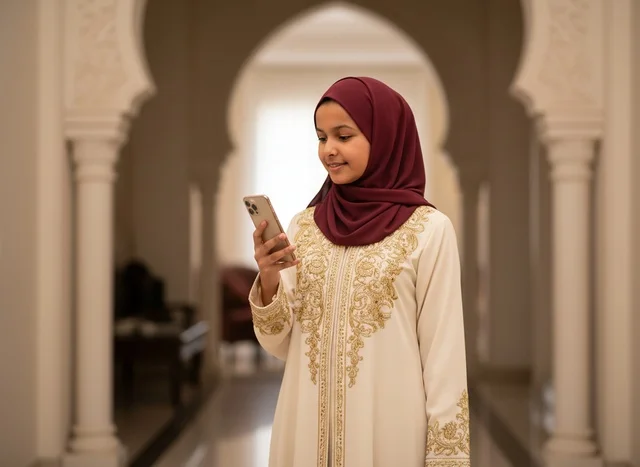 فتاة إماراتية بالزي التقليدي تستخدم الهاتف الذكي