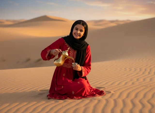 An Emirati girl pours Arabic coffee in the desert at sunset.