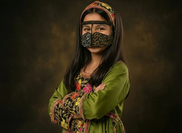 Emirati Girl in Traditional Green Dress and Burqa