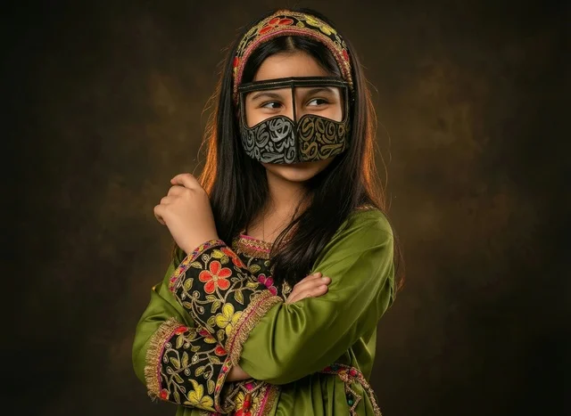 Emirati Girl in Traditional Burqa and Green Jalabiya
