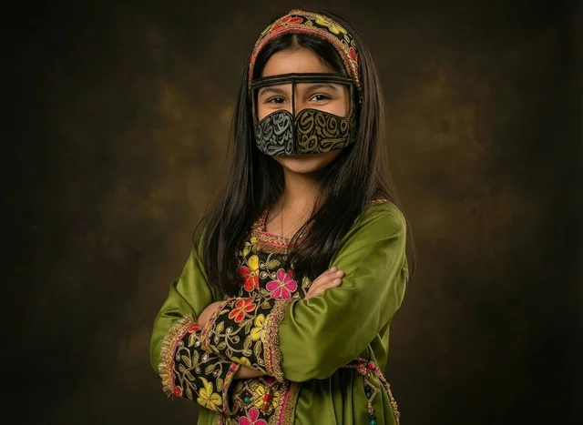 Emirati Girl in Traditional Green Dress and Burqa