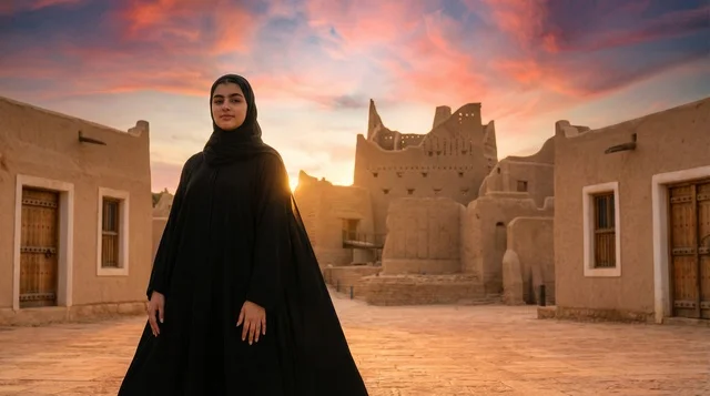 Saudi Woman at Diriyah Riyadh Heritage Site Sunset