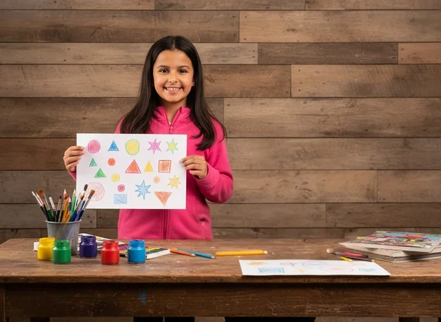 Arab Girl Holding Drawing of Geometric Shapes