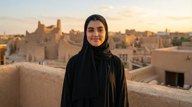 امرأة سعودية بالعباءة والحجاب في موقع تراثي وقت الغروب