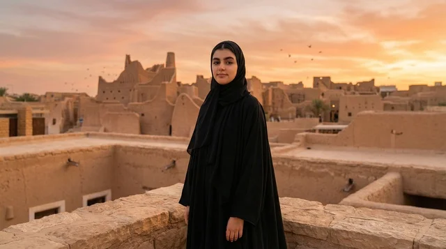 A Saudi woman in an abaya in the historic Al-Turaif neighborhood in Diriyah.