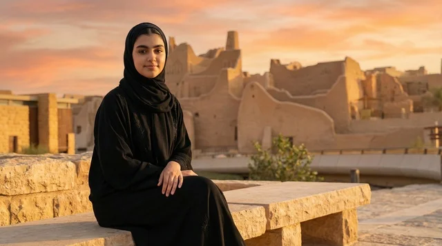 امرأة سعودية بالعباءة في حي الطريف التاريخي بالدرعية