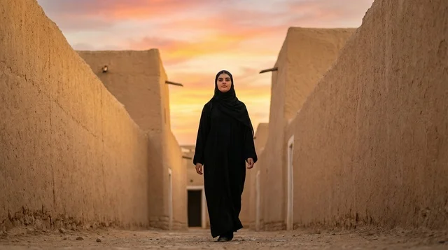 امرأة سعودية بالعباءة التقليدية في قرية تراثية