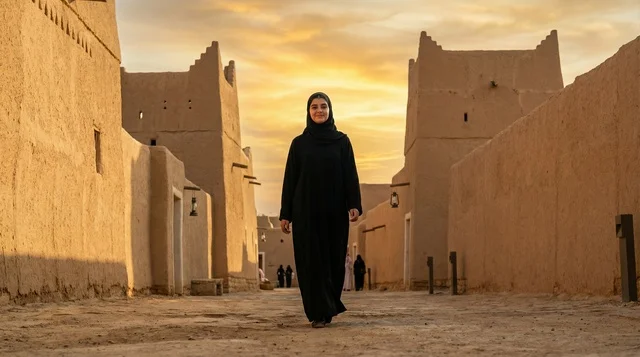 Saudi Woman in Abaya at Heritage Site Sunset