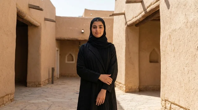 Saudi Woman in Black Abaya at Traditional Heritage Site