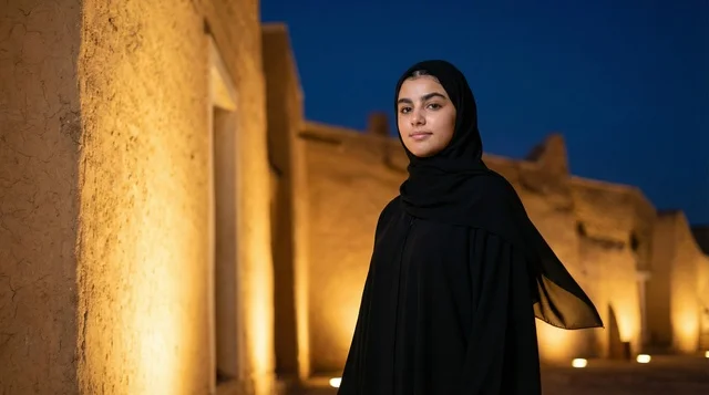 امرأة سعودية بالعباءة في حي الطريف التاريخي بالدرعية