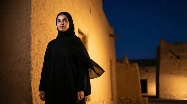 Saudi Woman in Black Abaya at Traditional Mud Building