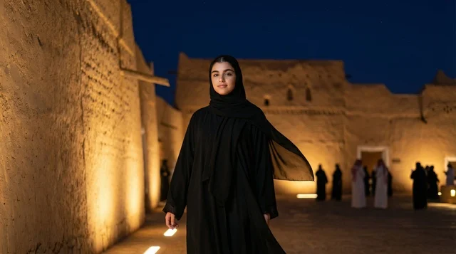 A Saudi woman in an abaya in the historic Al-Turaif neighborhood in Diriyah.