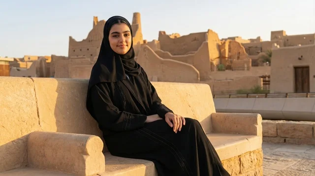 Saudi Woman in Black Abaya at Diriyah Historical Site