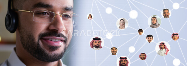 صورة مقربة لرجل عربي سعودي خليجي يرتدي سماعات الرأس , يقوم بالدردشة مع الأصدقاء , تطبيقات الدردشة و التواصل عن بعد , خدمة العملاء ,  شبكة العملاء , مجموعة من العملاء , الدعم الفني .