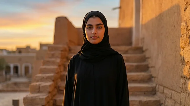Saudi Woman in Black Abaya at Heritage Village Sunset