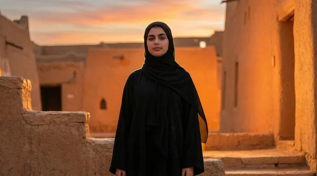 امرأة سعودية في قرية تراثية وقت الغروب