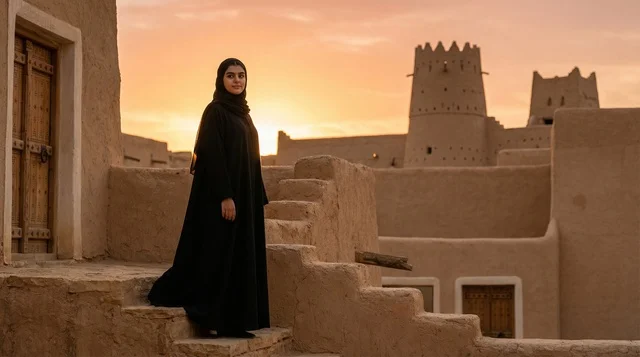 Saudi Woman at Heritage Fort during Sunset Saudi Woman at Heritage Fort during Sunset