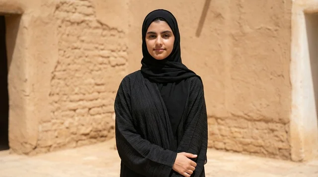 امرأة سعودية بالعباءة التقليدية في موقع تراثي