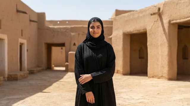Saudi Woman in Black Abaya at Historic Mud Village