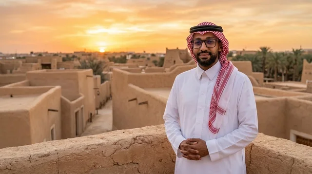 Saudi Man in Traditional Thobe at Historical Village Sunset