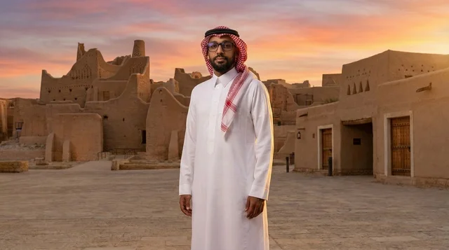 رجل سعودي بالزي التقليدي في حي الطريف بالدرعية وقت الغروب