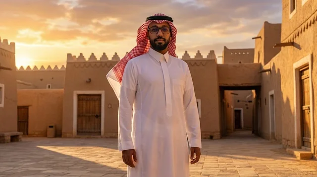 Saudi Man in Heritage Village at Sunset