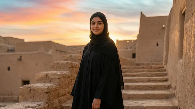 امرأة سعودية بالعباءة في حي الطريف بالدرعية وقت الغروب