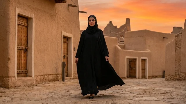 Saudi Woman in Black Abaya at Diriyah Sunset