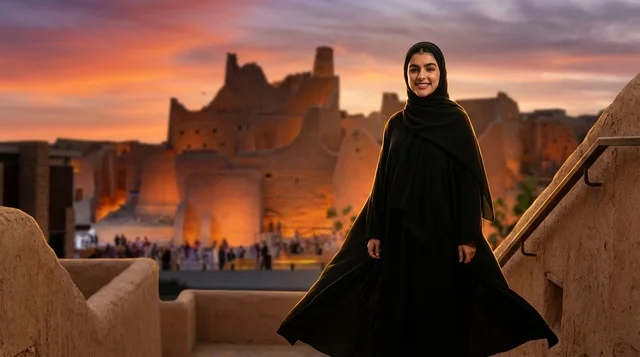 امرأة سعودية في حي الطريف بالدرعية وقت الغروب